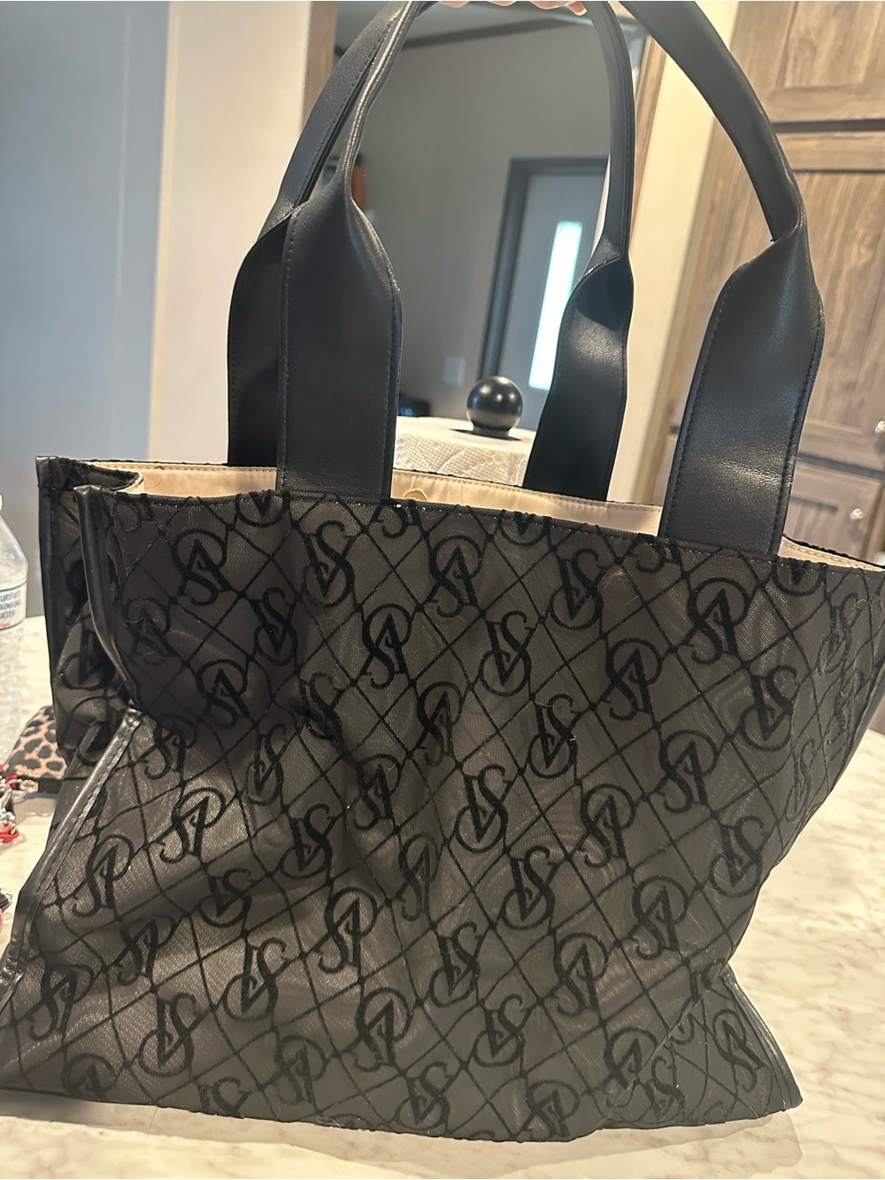 Black Victoria Secret Patterned Tote Bag with Leather Handles